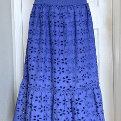 Jennifer & Grace Blue Eyelet Tiered Maxi Skirt L NWT Cotton Smocked Waist Boho w/ Pockets