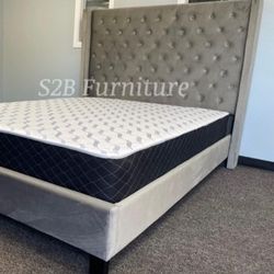 Queen Grey Tufted Bed With Ortho Mattress 