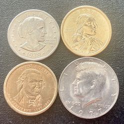Kennedy Half Dollar Sacagawea Susan B Anthony Presidential Dollar US Coin Set Four (4) Coins Collection