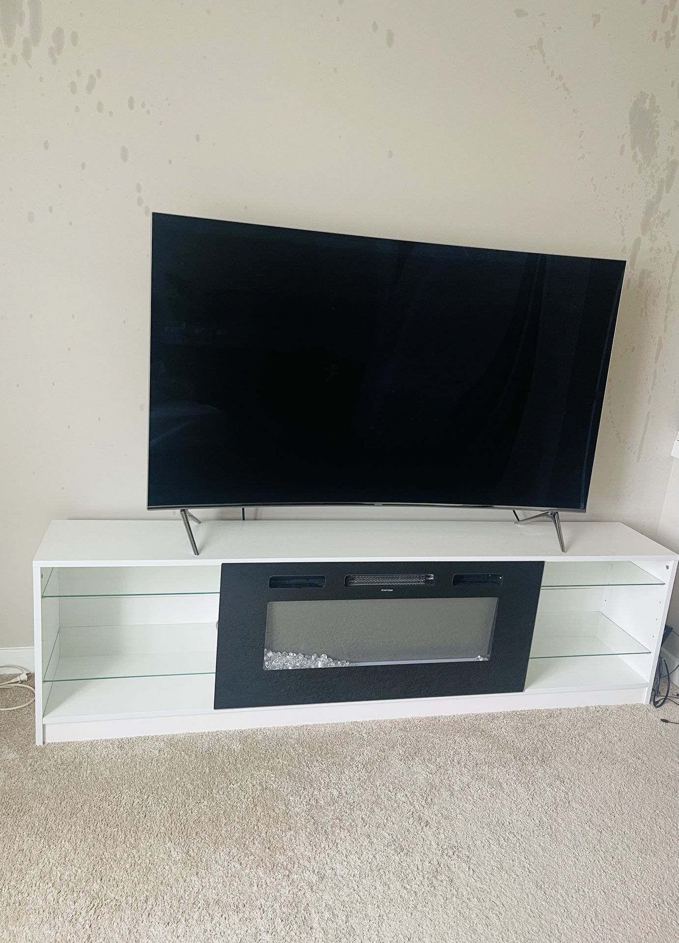 65” Curved Samsung Smart Tv + Modern White TV Stand with Electric Fireplace