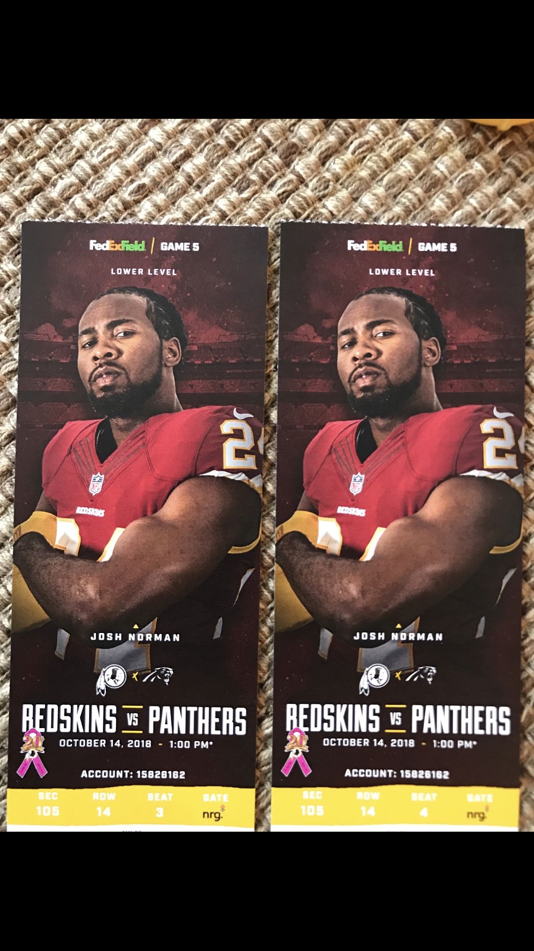 Redskins vs Carolina tickets 100 level!