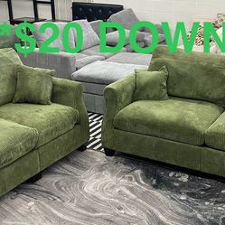 Exquisite 2 Pcs Green Sofa Set (Finance and Delivery)