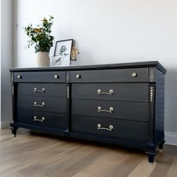 Black Mid Century French Hollywood Glam Long, Eight Drawer Vintage Wood Dresser