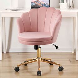 Home Office Chair with Wheels Upholstered Comfy Velvet Desk Chair Stool, Adjustable Swivel Modern Seashell Back Vanity Chair