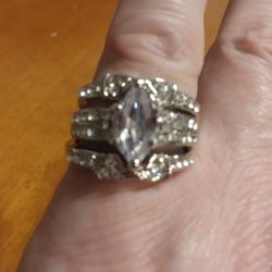 Size 6 Deluxe Silver Plated Marquise Cubic Zirconia WEDDING and ENGAGEMENT RING SET