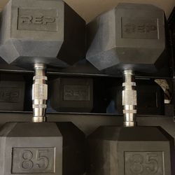 PAIR  OF  REP  FITNESS  85 LB.  RUBBER  HEX  DUMBBELLS  •  Also Have  :  100s  95s   90s  80s  60s  50s  45s  35s 30s 25s 20s 