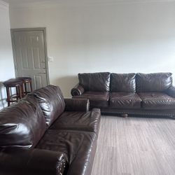 3 Pc Brown Leather Couch Set + Bar Stools