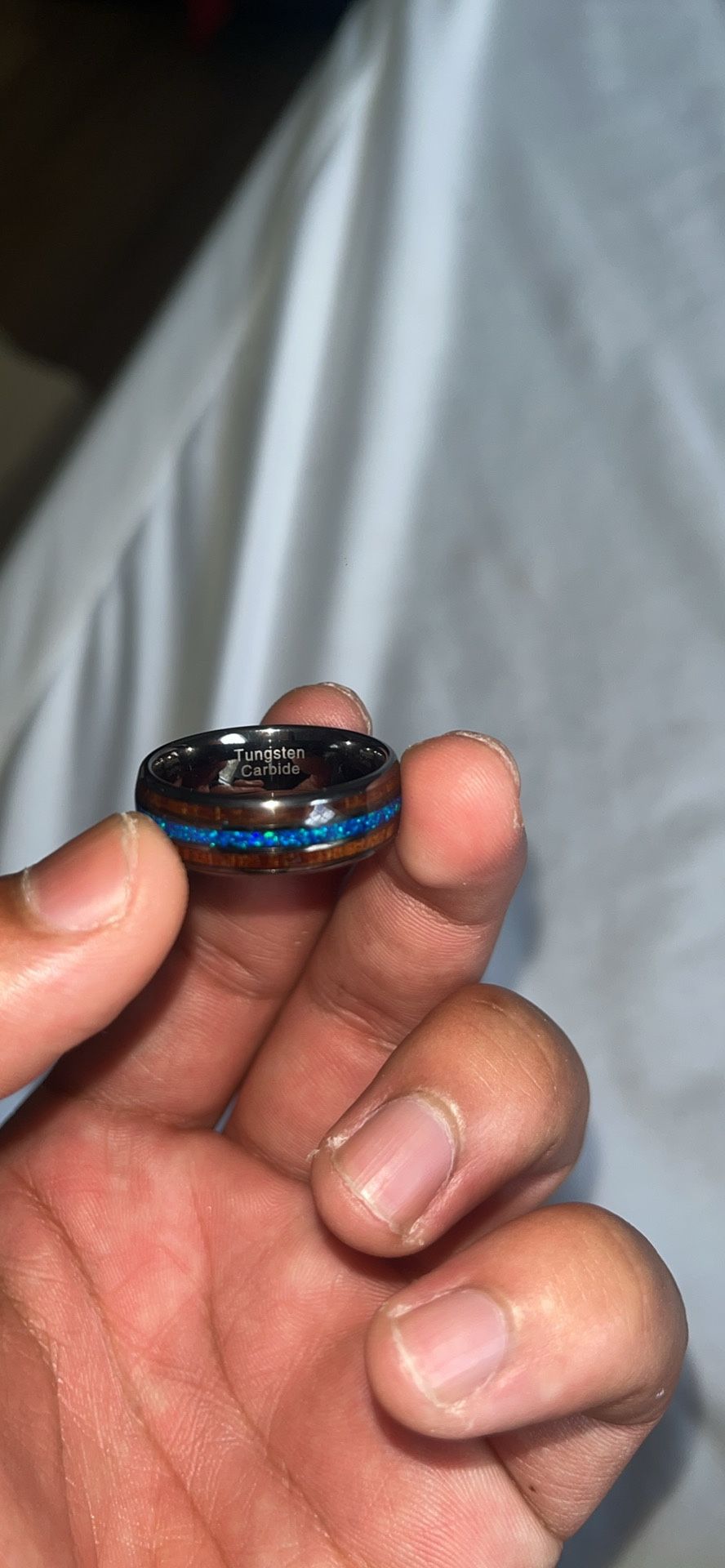 Tungsten Carbide Ring – Wood Inlay & Blue Crystal Band – Size 11-13