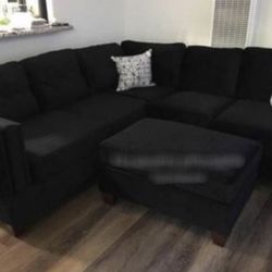 Brand New Black Linen Sectional Sofa Couch With Ottoman 