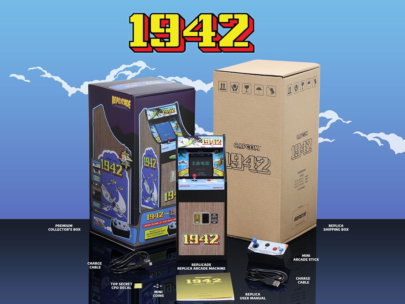 1942 x RepliCade is a 1:6 scale replica of the ROMSTAR / CAPCOM 1942 lowboy arcade machine presented by New Wave