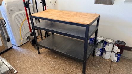 Workbench with storage shelves