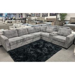 Corduroy Livingroom Dark gray sectional couch with USB Console