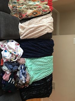 Various name brand juniors clothing . Ladies Med- large tops and size 6 shorts and pants. Young Men’s jeans , sneakers size 10 and shirts xxl. Also w