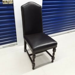 Tall Back Padded Wood Chair - Dark Brown Faux Leather Covering.