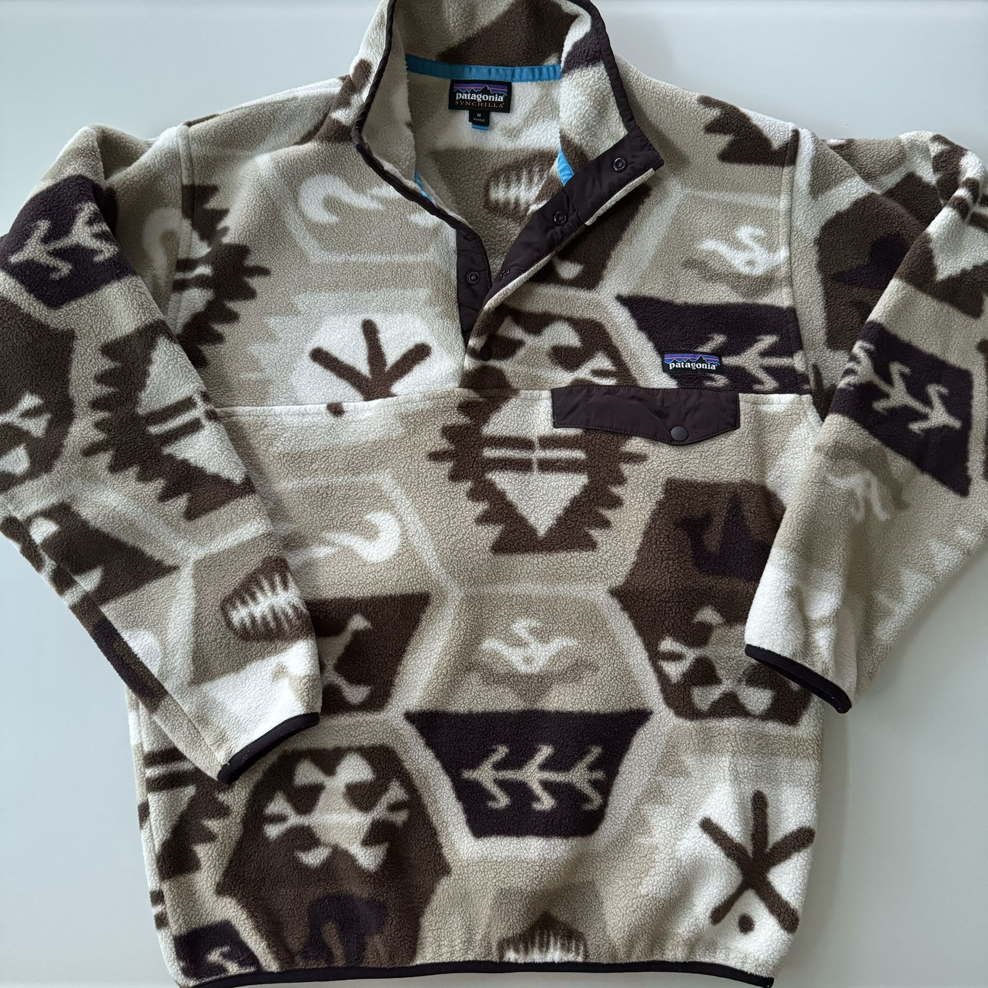 Like New - Rare Print - Men Medium 2015 Patagonia Printed Synchilla Snap-T Pullover Cave - Khaki Vintage Collectible