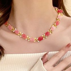 Gold with pink floral flower chain link women's necklace Gift
