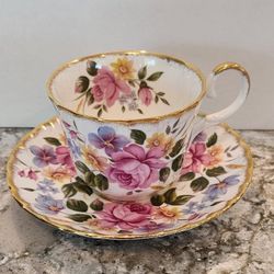 Regency English Bone China Teacup and Saucer Set Blue/Pink Flowers Gold England.  