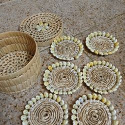 Vintage Bohemian Sea Grass Woven Coasters Set of 6 Beige Hand Crafted