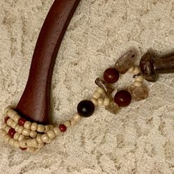 Wooden Handcrafted Beaded Chopstick Hair Pin With Jasper Mushroom Charm, 7”