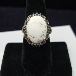 Genuine White Dendritic Agate Ring 