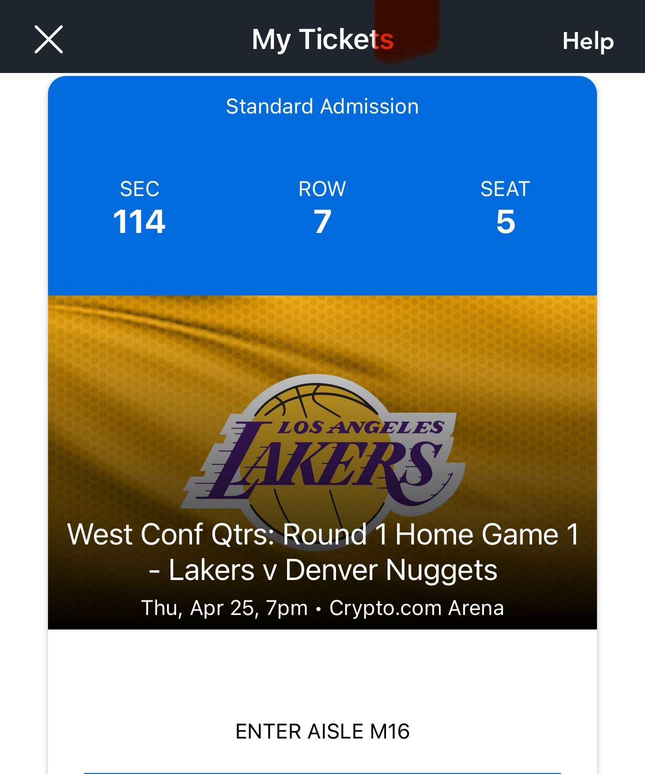 1 Laker ticket For Tomorrow 4/25 7pm Section 114 ROW 7 Seat 5