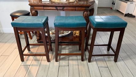 New  ..Set of 3 Teal Leather Bar Stools