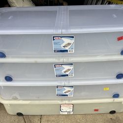 (4) Sterilite 62L 66Qt Stackable Rollaway Storage Containers Bins