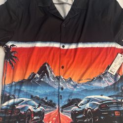 RESERVOIR Men's M Sports Car Sunset Mountain Graphic Button Up Shirt