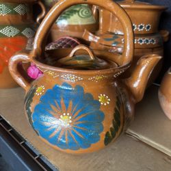 Cafetera De Barro Con Flor Azul! Tetera Hecha En México!