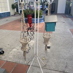 Vintage 4 Arm Hanging Plant Wind-chime Birdhouse Stand 5’ Tall