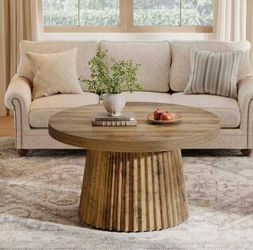 SL0082 Coffee Table, 31.5" Small Farmhouse Round Coffee Tables with Fluted Drum Base, Mid Century Modern Boho Accent Center Table for Living Room, Apa