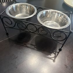 Two Small Elevated Dog Bowls with Black Stand!  Bowls have paw prints.  