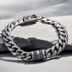 925 Sterling Silver Cuban Link Bracelet with Blue Stone Accents | 46.5g | 8.3 