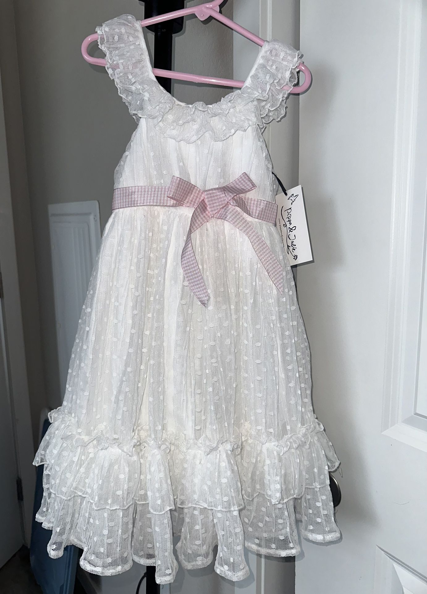 Pippa & Julie White toddler Dress with Pink Detail bow