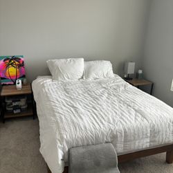 Queen Bed + Wooden Bed Frame + nightstands & lamp