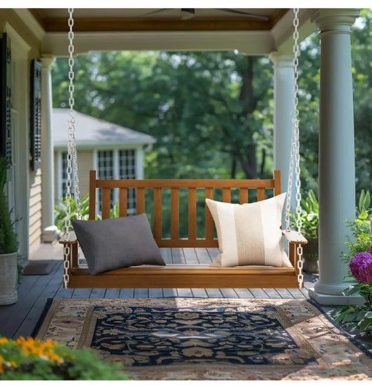4 ft. Wood Patio Porch Swing Outdoor With Chains and Curved Bench, Brown