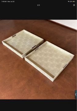 One extra large square tray with stainless steel handles and liquid resistant faux leather ($25/each)