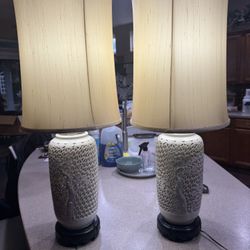 Vintage Pair of Chinoiserie White Table Lamps