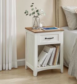 Farmhouse Nightstand with Charging Station, Bedside Table, Side Table with Drawer, Open Compartment, for Bedroom, Rustic White and Honey Brown ULET659