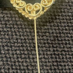 Heart Stick Pin Lapel Pinback Filigree Gold Tone Rope Braid Heart