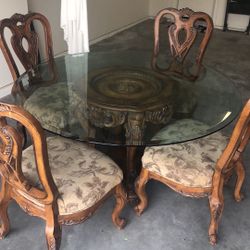 Vintage Wood Table With 4 Chairs And Glass Top