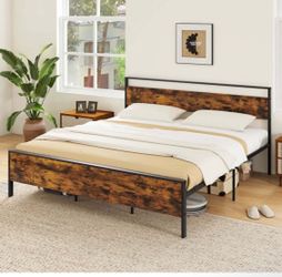 King Size Bed Frame with Wooden Headboard and mattress