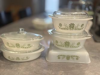 Vintage GlasBake Green Daisy Baking Set - With LIDS