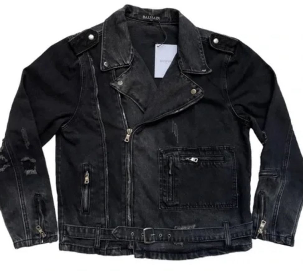BALMAIN Paris Crach Double Rider Mens Denim Jacket