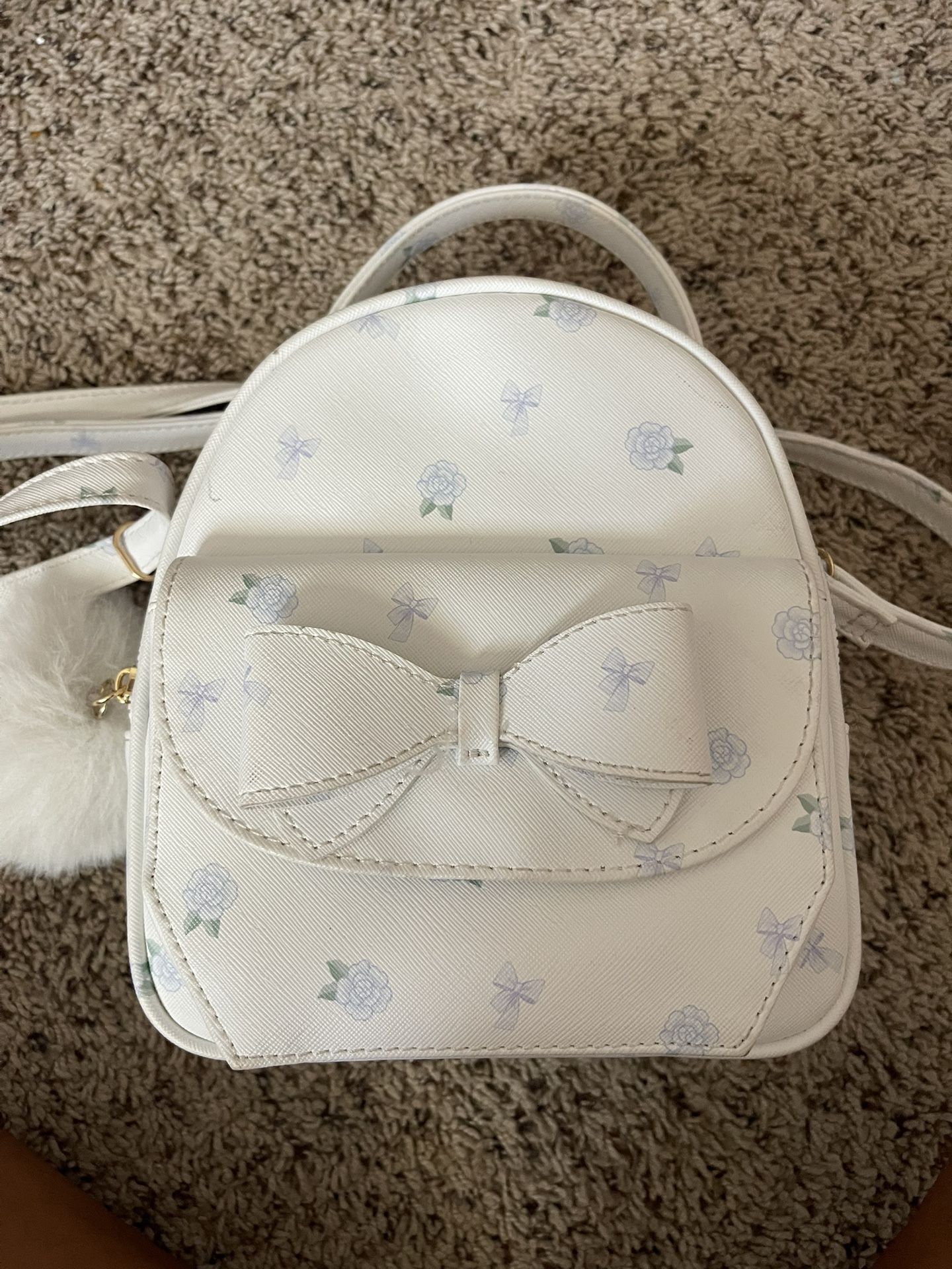 White, Backpack, Blue Bows