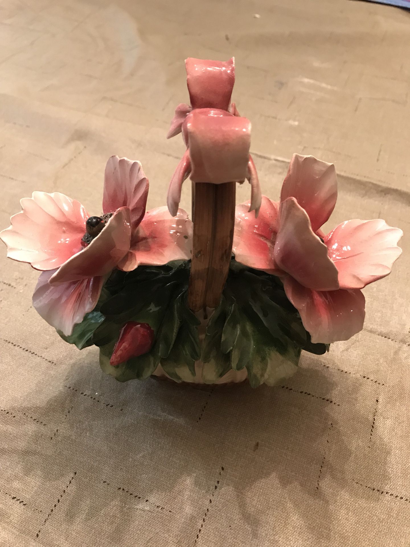 Vintage Nuova Capodimonte I.I.C. Exclusive Pink Flower Basket with Bow
