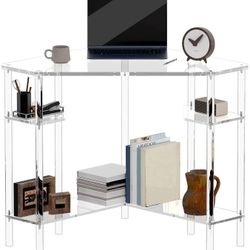 Acrylic Triangle Corner Desk - Computer Desk with Storage for Small Space, 90-Degrees, 28.5 x 28.5 inches, Home Office Desk Study Desk, for Living roo