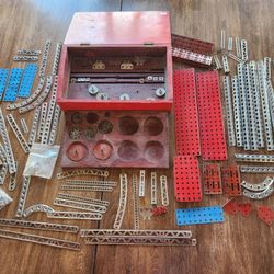 Vintage Erector Set Parts With Wooden Box - Over 75 Pieces