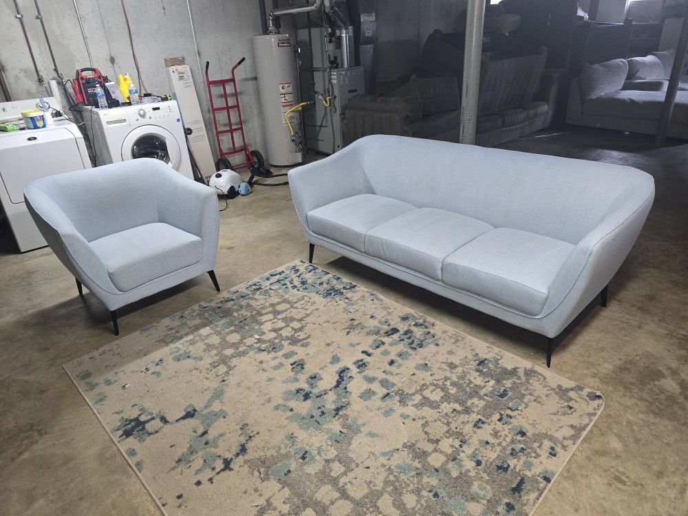 Mid-Century Modern Light Blue Sofa and Chair