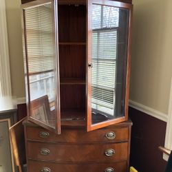 Vintage Curio Cabinet With Drawers And Glass Doors 